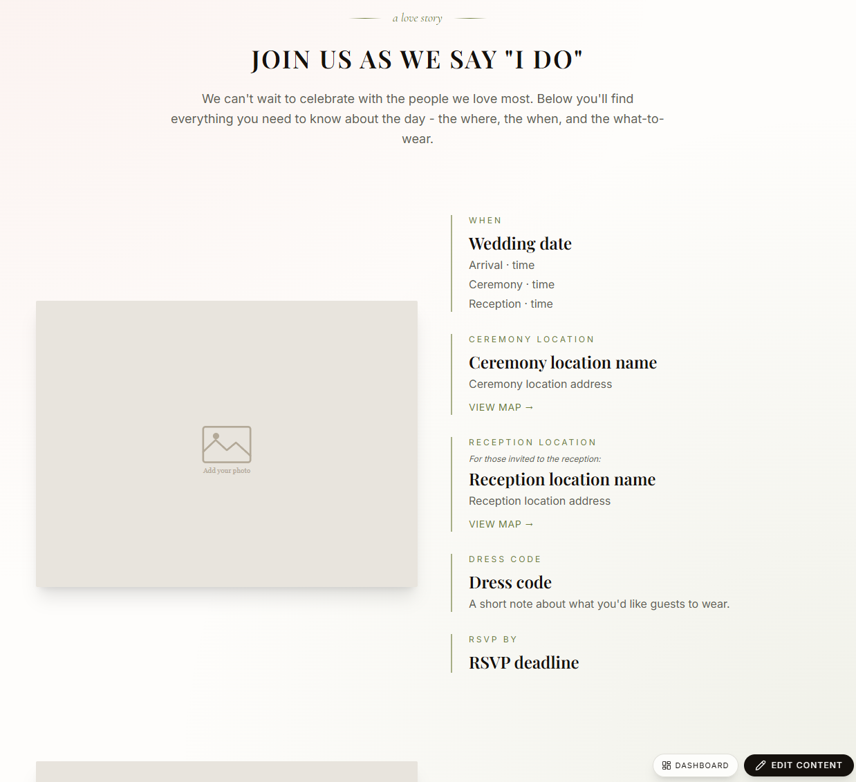 Example wedding website ready to edit