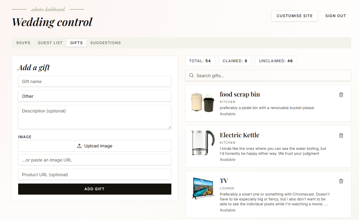 Wedding dashboard where couples customise their site