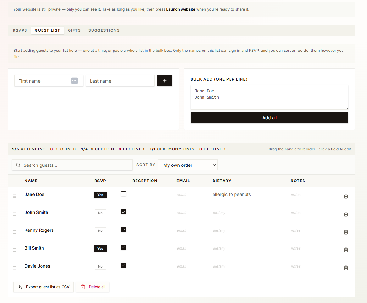 Guest list management screen