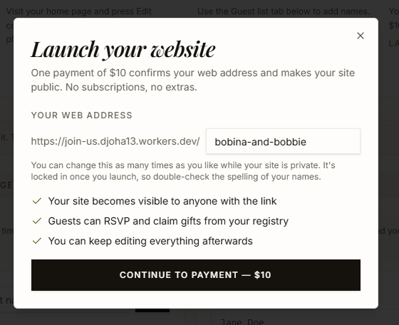 Launch website confirmation screen